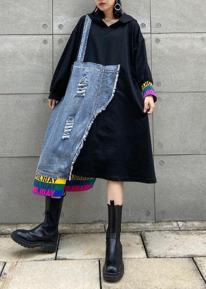 Italian Black Patchwork Denim Blue Quilting Clothes O Neck Hole Long Dress
