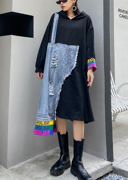 Italian Black Patchwork Denim Blue Quilting Clothes O Neck Hole Long Dress