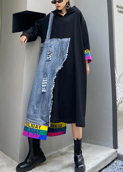 Italian Black Patchwork Denim Blue Quilting Clothes O Neck Hole Long Dress