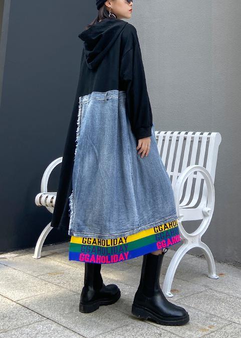 Italian Black Patchwork Denim Blue Quilting Clothes O Neck Hole Long Dress