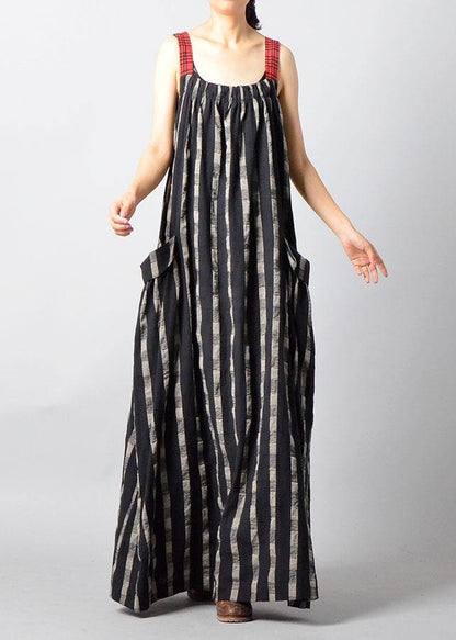 Italian Black Patchwork Linen Robes Sleeveless Traveling Fall Dress