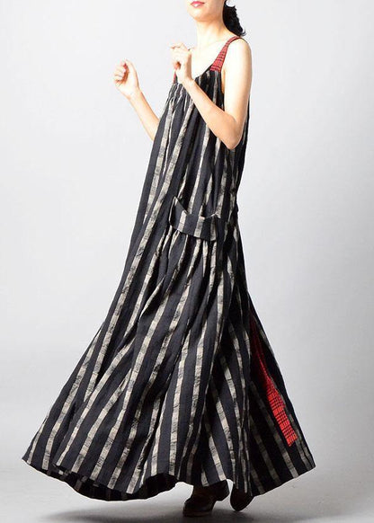 Italian Black Patchwork Linen Robes Sleeveless Traveling Fall Dress