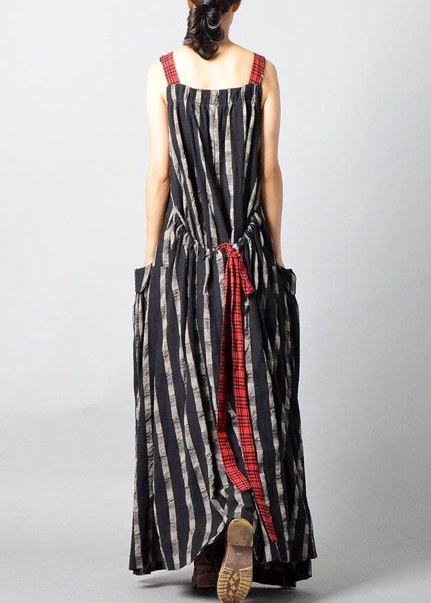 Italian Black Patchwork Linen Robes Sleeveless Traveling Fall Dress