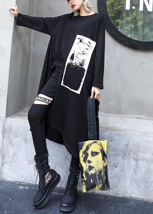 Italian Black Prints Cotton Dress Asymmetric Midi Fall Dress