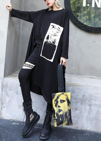 Italian Black Prints Cotton Dress Asymmetric Midi Fall Dress