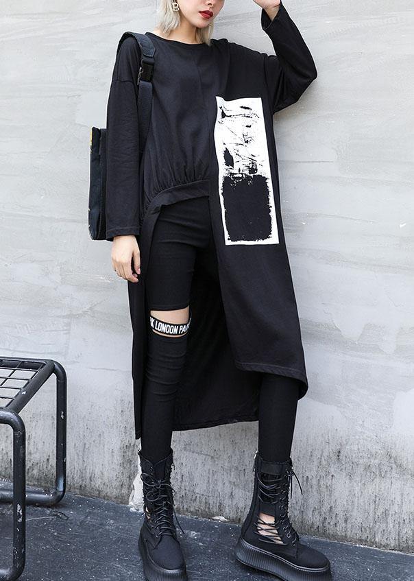 Italian Black Prints Cotton Dress Asymmetric Midi Fall Dress