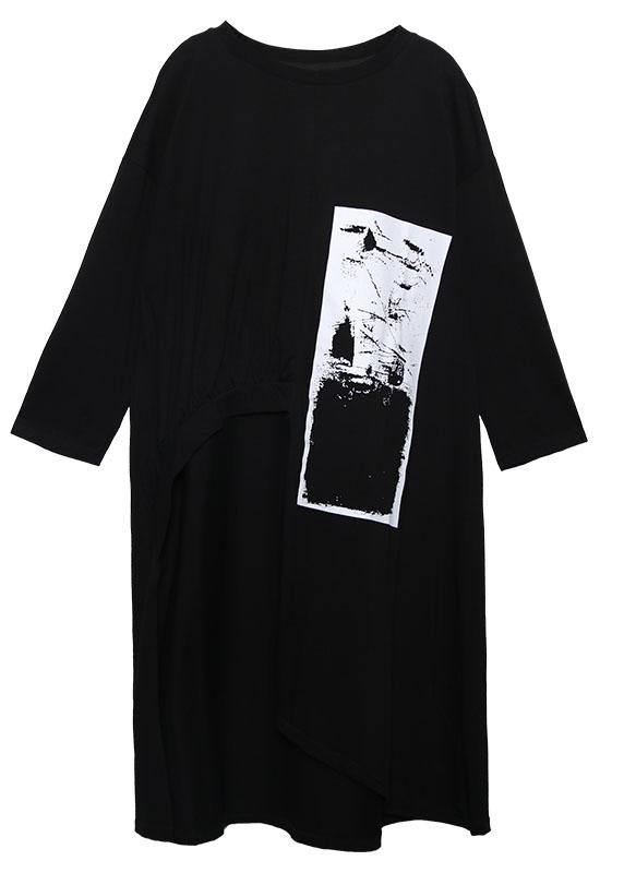 Italian Black Prints Cotton Dress Asymmetric Midi Fall Dress