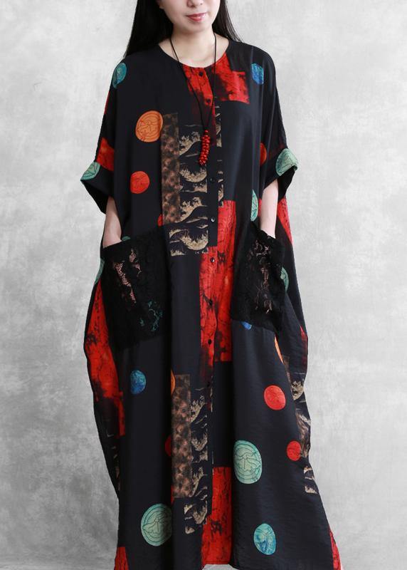 Italian Black Red Print Dress O Neck Patchwork Lace Maxi Dress