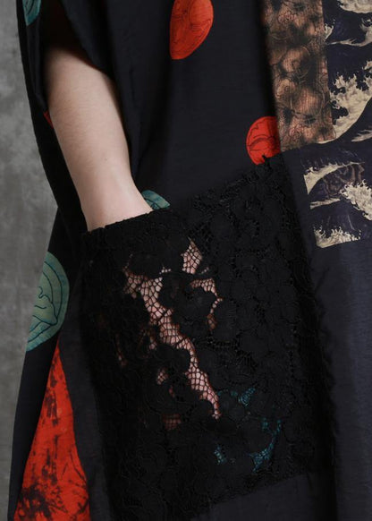 Italian Black Red Print Dress O Neck Patchwork Lace Maxi Dress