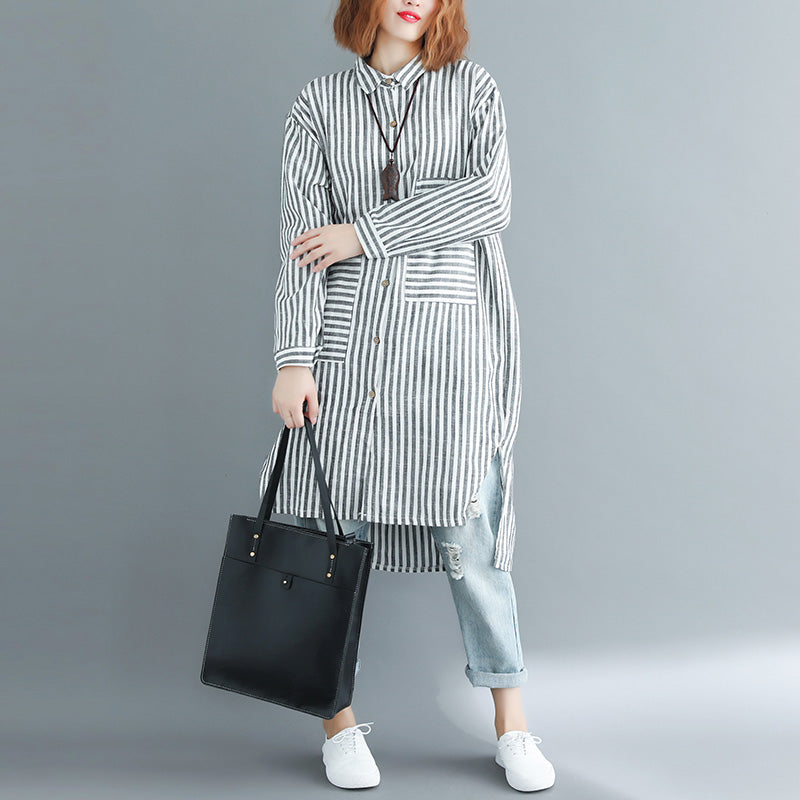 Italian Black White Striped Linen Clothes for Shape Side Open Dresses Spring Dress