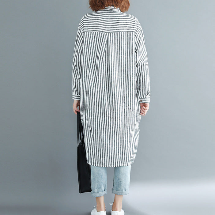 Italian Black White Striped Linen Clothes for Shape Side Open Dresses Spring Dress