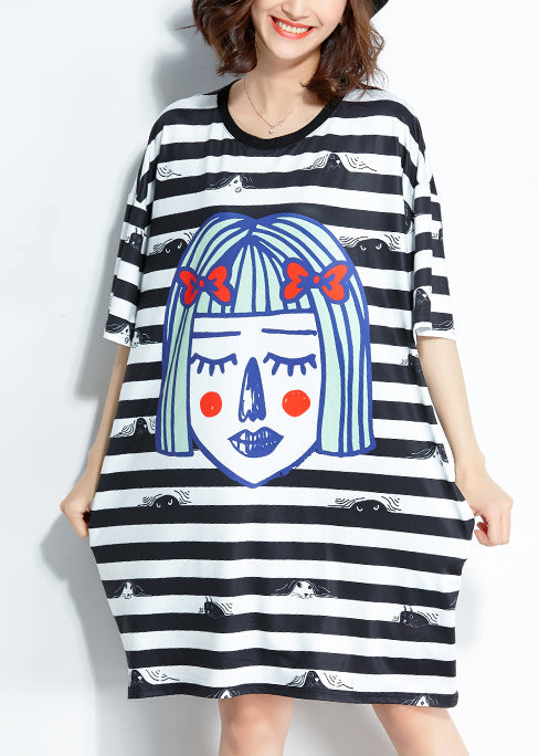 Italian Black White Striped Silk Blended Clothes Organic Outfits O Neck Baggy Short Summer Dress