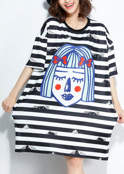 Italian Black White Striped Silk Blended Clothes Organic Outfits O Neck Baggy Short Summer Dress