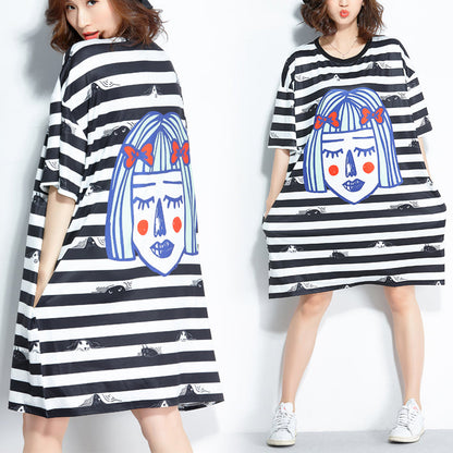 Italian Black White Striped Silk Blended Clothes Organic Outfits O Neck Baggy Short Summer Dress