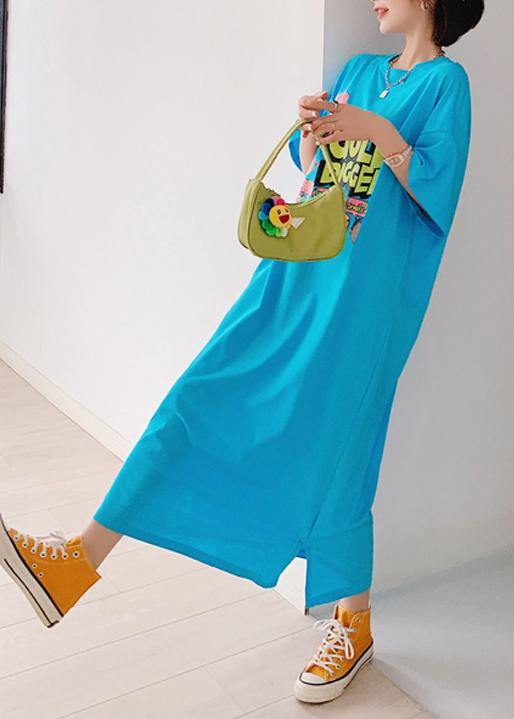 Italian Blue Cartoon Print Tunic Pattern O Neck Side Open Cotton Dress
