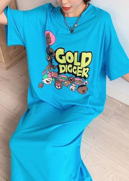 Italian Blue Cartoon Print Tunic Pattern O Neck Side Open Cotton Dress