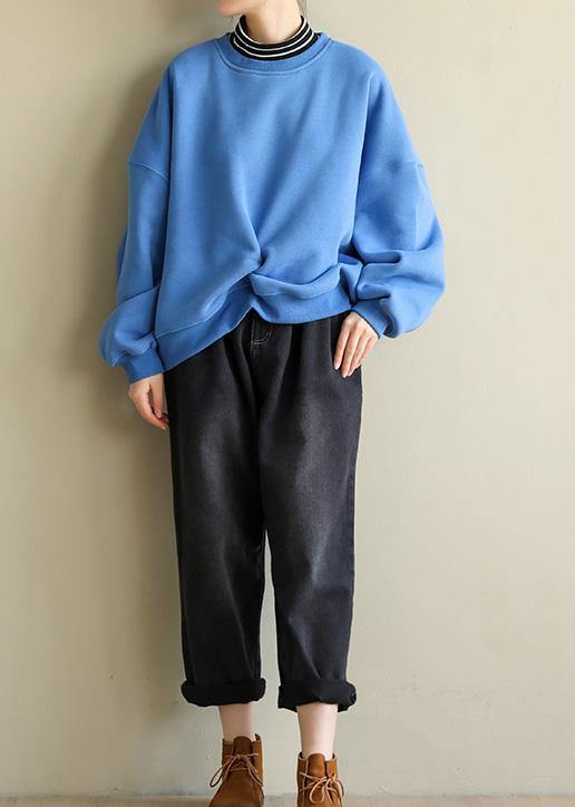 Italian Blue Cotton Blouses for False Two Pieces Knee Spring Sweatshirt