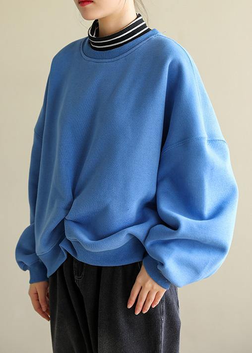 Italian Blue Cotton Blouses for False Two Pieces Knee Spring Sweatshirt