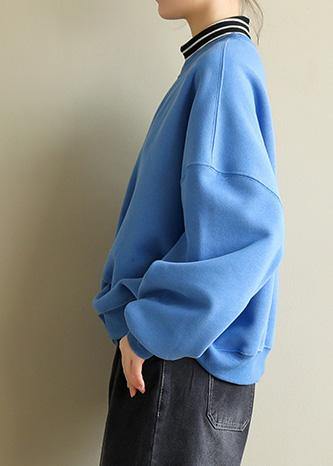 Italian Blue Cotton Blouses for False Two Pieces Knee Spring Sweatshirt