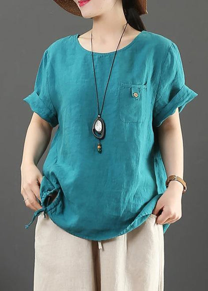 Italian Blue Linen Clothes for O Neck Pockets Clothing Summer Tops