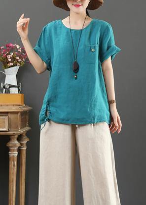 Italian Blue Linen Clothes for O Neck Pockets Clothing Summer Tops