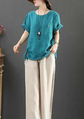 Italian Blue Linen Clothes for O Neck Pockets Clothing Summer Tops