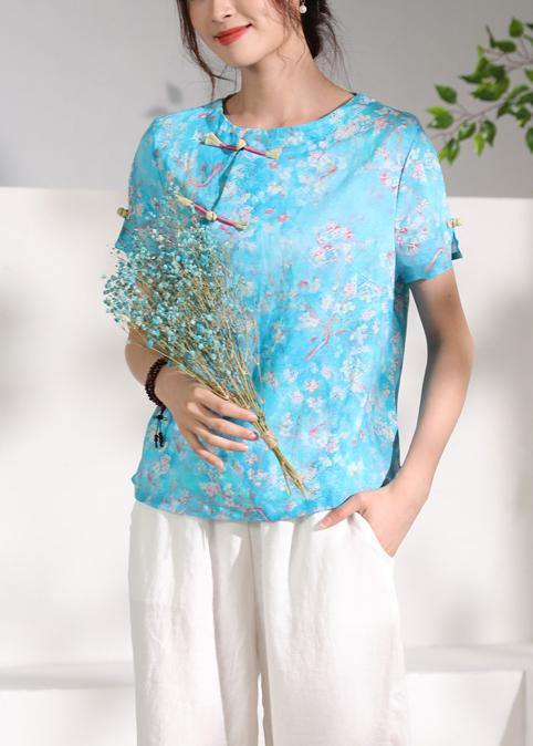 Italian Blue Linen Clothes O Neck Tunic Short Sleeve Shirt