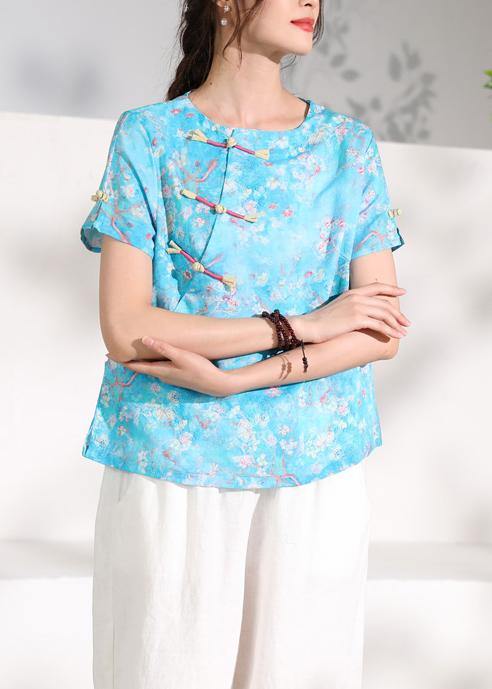 Italian Blue Linen Clothes O Neck Tunic Short Sleeve Shirt