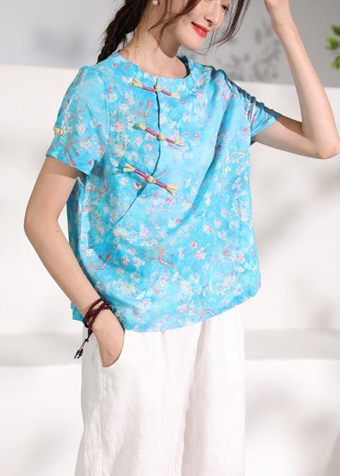 Italian Blue Linen Clothes O Neck Tunic Short Sleeve Shirt