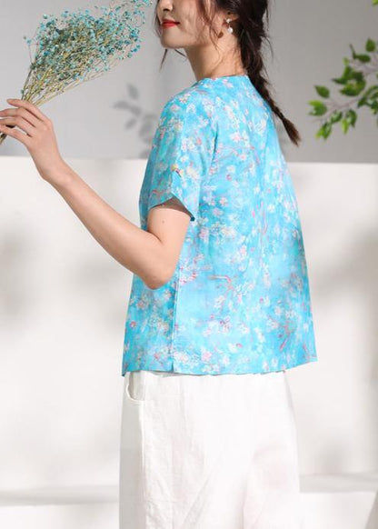 Italian Blue Linen Clothes O Neck Tunic Short Sleeve Shirt