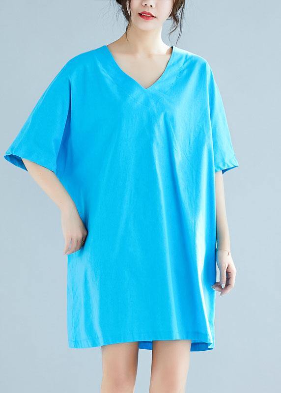 Italian Blue Linen Cotton Clothes V Neck Half Sleeve Loose Summer Dresses