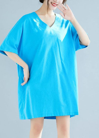 Italian Blue Linen Cotton Clothes V Neck Half Sleeve Loose Summer Dresses