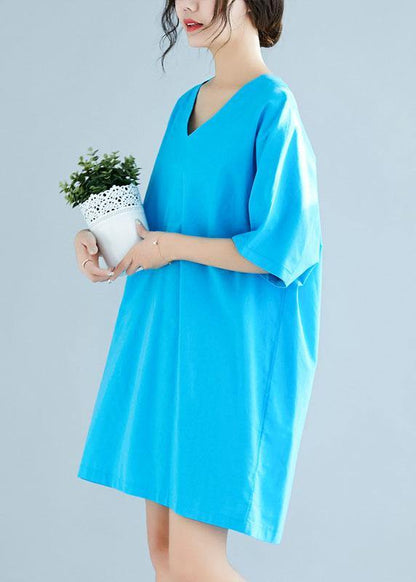 Italian Blue Linen Cotton Clothes V Neck Half Sleeve Loose Summer Dresses