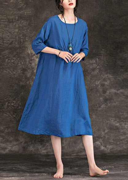 Italian Blue Linen Dress O Neck Cinched Three Quarter Sleeve Summer Dress