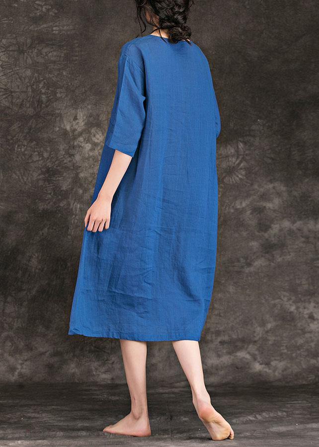 Italian Blue Linen Dress O Neck Cinched Three Quarter Sleeve Summer Dress