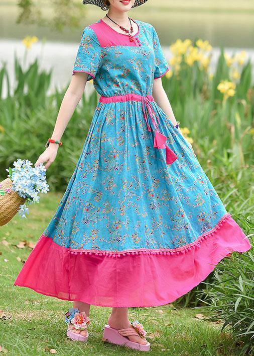 Italian Blue Print Cotton Dresses O Neck Drawstring Maxi Summer Dresses