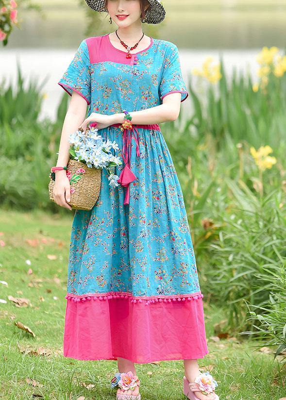 Italian Blue Print Cotton Dresses O Neck Drawstring Maxi Summer Dresses