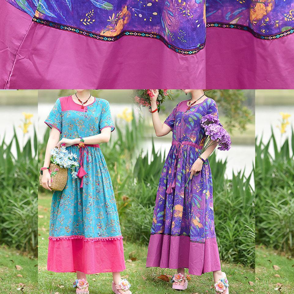 Italian Blue Print Cotton Dresses O Neck Drawstring Maxi Summer Dresses