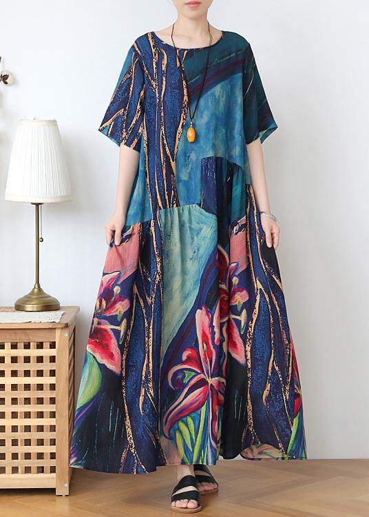 Italian Blue Print Linen Clothes O Neck Extra Large Hem Dresses Summer Dress