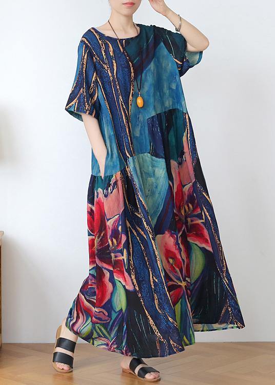 Italian Blue Print Linen Clothes O Neck Extra Large Hem Dresses Summer Dress