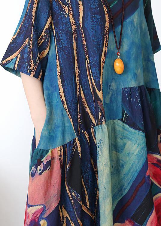 Italian Blue Print Linen Clothes O Neck Extra Large Hem Dresses Summer Dress