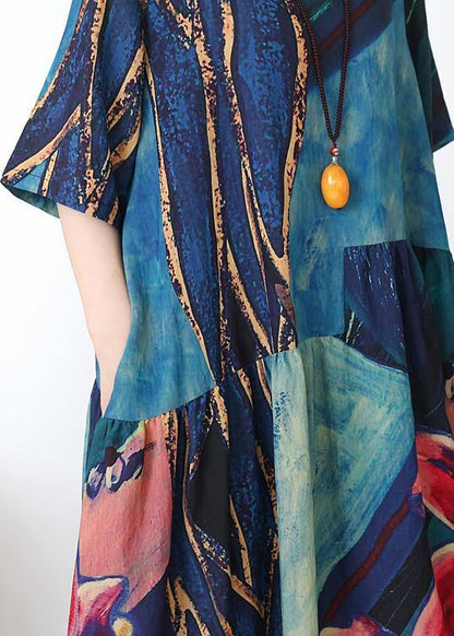 Italian Blue Print Linen Clothes O Neck Extra Large Hem Dresses Summer Dress