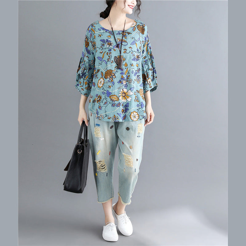 Italian Blue Print Linen Crane Tops Omychic Shape O Neck Daily Tops