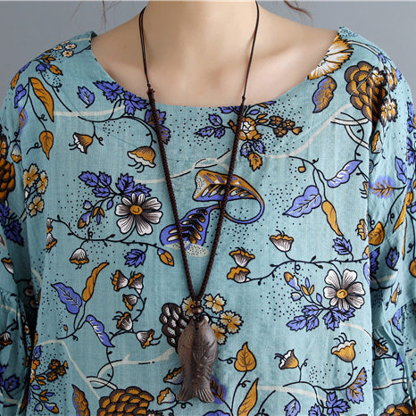 Italian Blue Print Linen Crane Tops Omychic Shape O Neck Daily Tops
