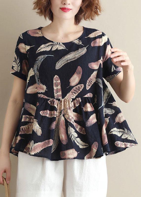 Italian Blue Prints Cotton Tunic O Neck Cotton Summer Shirt