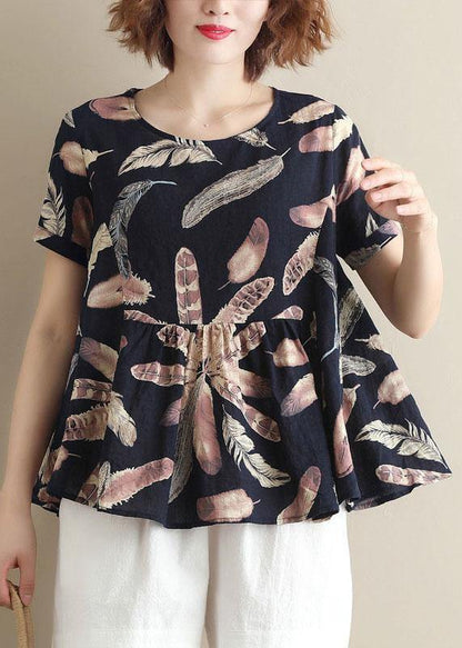 Italian Blue Prints Cotton Tunic O Neck Cotton Summer Shirt