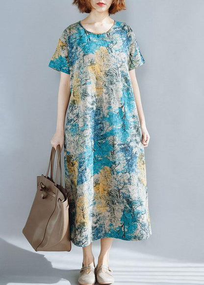 Italian Blue Prints Linen Robes Short Sleeve Dresses Summer Dresses
