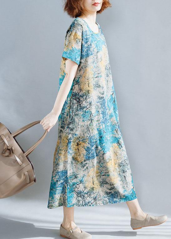 Italian Blue Prints Linen Robes Short Sleeve Dresses Summer Dresses