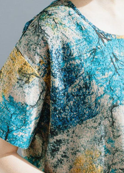 Italian Blue Prints Linen Robes Short Sleeve Dresses Summer Dresses