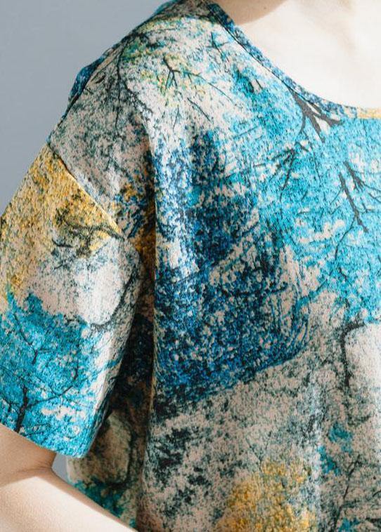 Italian Blue Prints Linen Robes Short Sleeve Dresses Summer Dresses